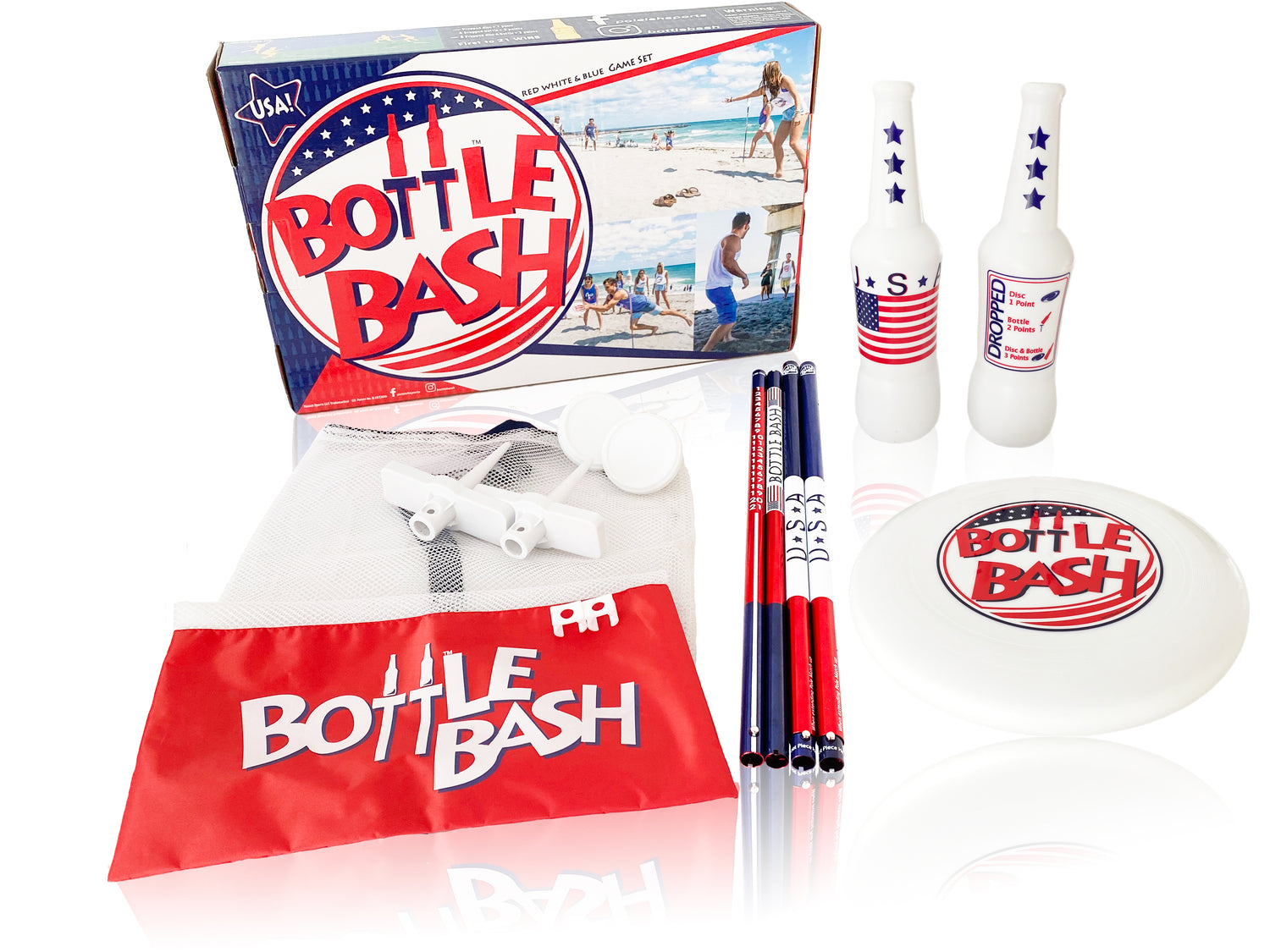 USA Backyard Games Bundle – Cornhole, Bottle Bash, Soft Toss Disc, USA Theme | Tournament-Grade Backyard Game Set