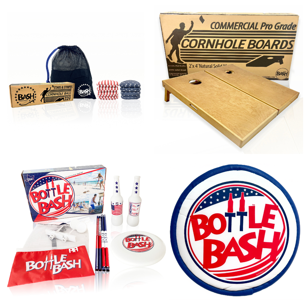 USA Backyard Games Bundle – Cornhole, Bottle Bash, Soft Toss Disc, USA Theme | Tournament-Grade Backyard Game Set